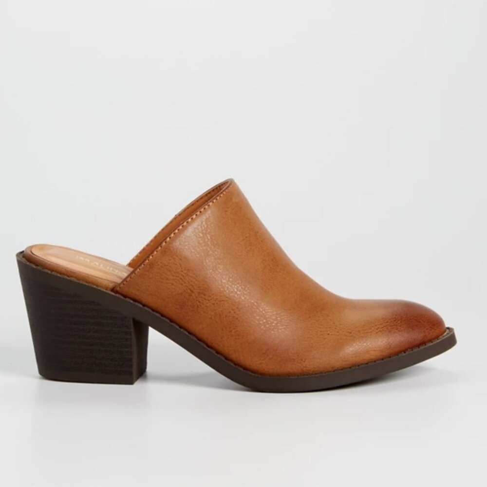 Maurices Charlie Faux Leather Slip On Stacked Heel Mule Cognac